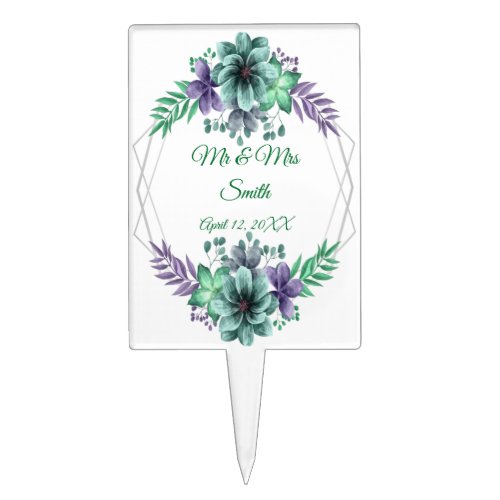 Green Purple Watercolor Floral Wedding Cake Topper