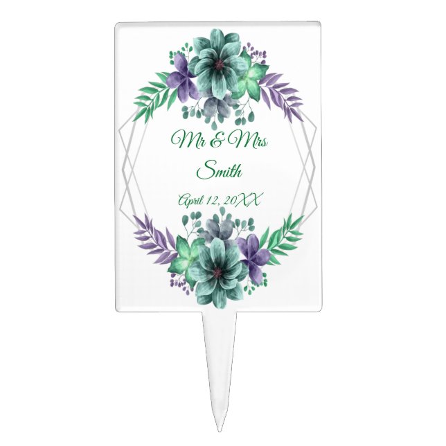 Green Purple Watercolor Floral Wedding Cake Topper (Front)