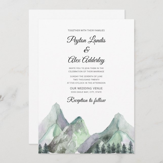 Green Purple Watercolor Mountains Wedding Invite (Front/Back)