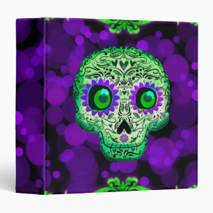 Green & Purple Whimsical Glowing Sugar Skull 3 Ring Binder
