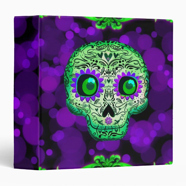 Green & Purple Whimsical Glowing Sugar Skull 3 Ring Binder (Front/Spine)