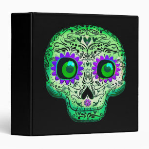 Green & Purple Whimsical Glowing Sugar Skull Black 3 Ring Binder