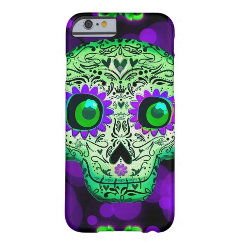 Green  Purple Whimsical Glowing Sugar Skull Barely There iPhone 6 Case