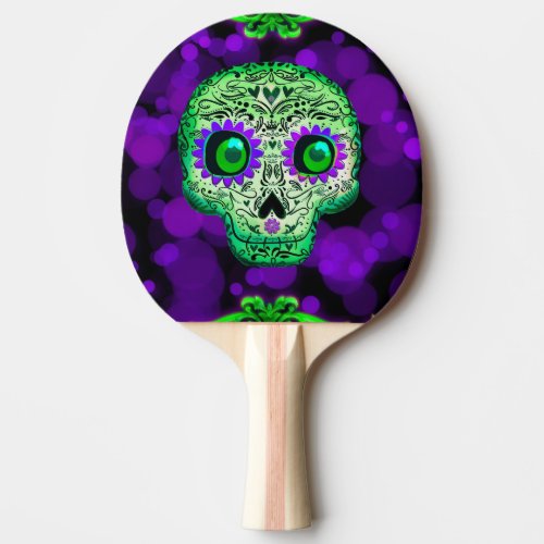 Green  Purple Whimsical Glowing Sugar Skull Ping Pong Paddle