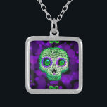 Green & Purple Whimsical Glowing Sugar Skull Silver Plated Necklace<br><div class="desc">neckalce</div>