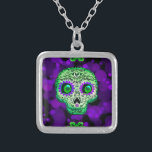 Green & Purple Whimsical Glowing Sugar Skull Silver Plated Necklace<br><div class="desc">neckalce</div>
