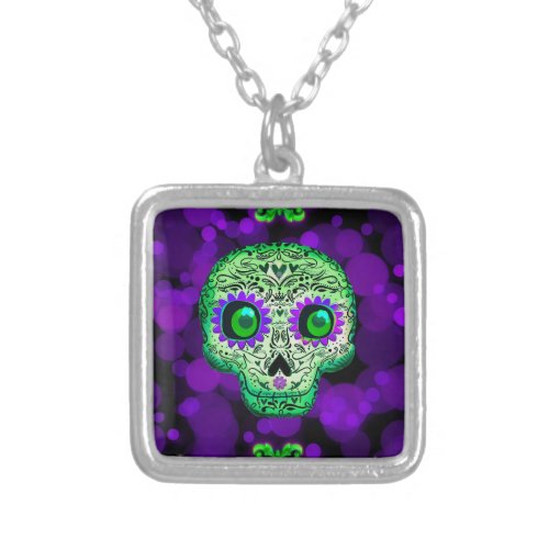 Green  Purple Whimsical Glowing Sugar Skull Silver Plated Necklace