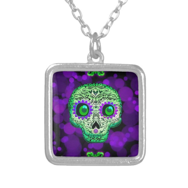 Green & Purple Whimsical Glowing Sugar Skull Silver Plated Necklace (Front)