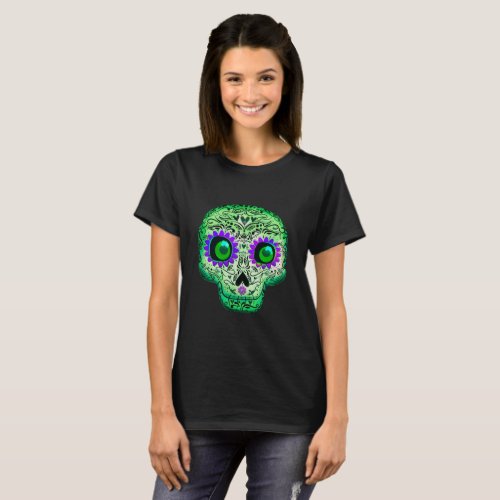 Green  Purple Whimsical Glowing Sugar Skull T_Shirt