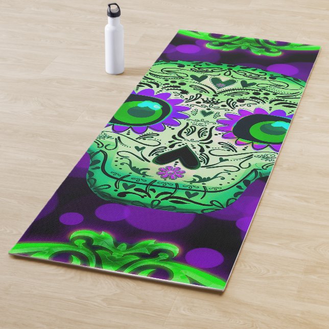 Green & Purple Whimsical  Glowing Sugar Skull Yoga Mat (In Situ)