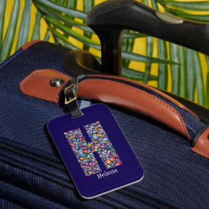 Green purple yellow floral Monogram Initial h blue Luggage Tag