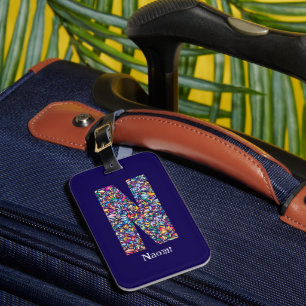 Green purple yellow floral Monogram Initial N blue Luggage Tag