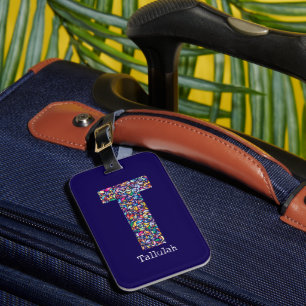 Green purple yellow floral Monogram Initial T blue Luggage Tag