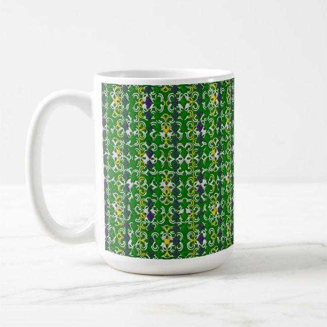 GREEN PURPLE YELLOW MARDI GRAS FLEUR DI LIS COFFEE MUG (Left)
