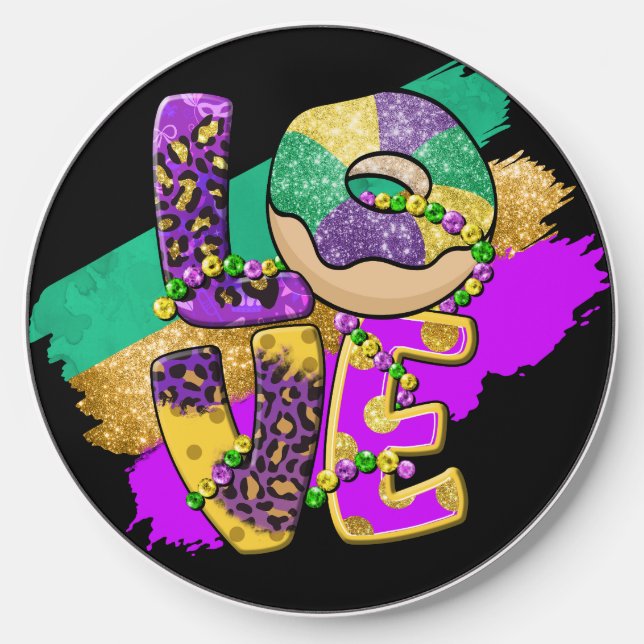GREEN PURPLE YELLOW MARDI GRAS LOVE WIRELESS CHARGER  (Front)