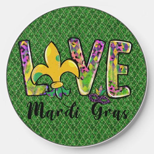 GREEN PURPLE YELLOW MARDI GRAS LOVE WIRELESS CHARGER 