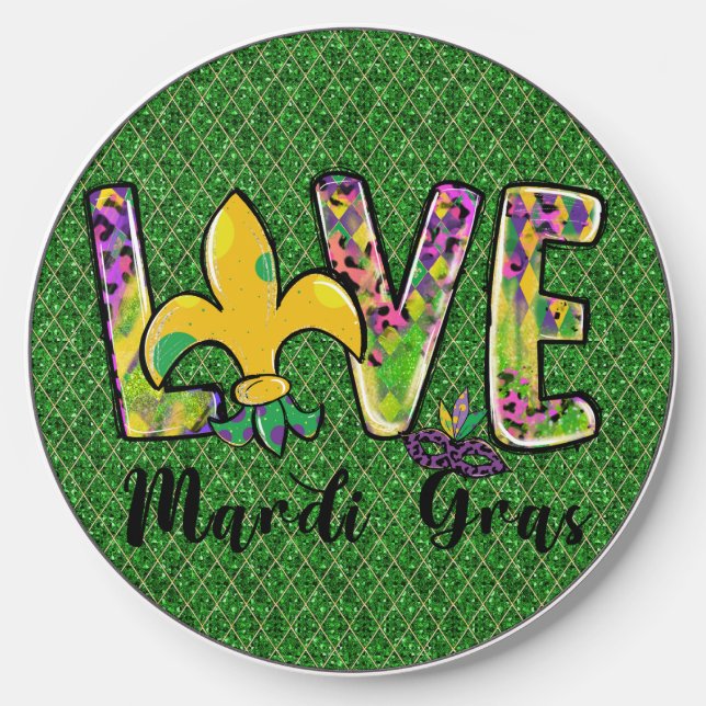 GREEN PURPLE YELLOW MARDI GRAS LOVE WIRELESS CHARGER  (Front)