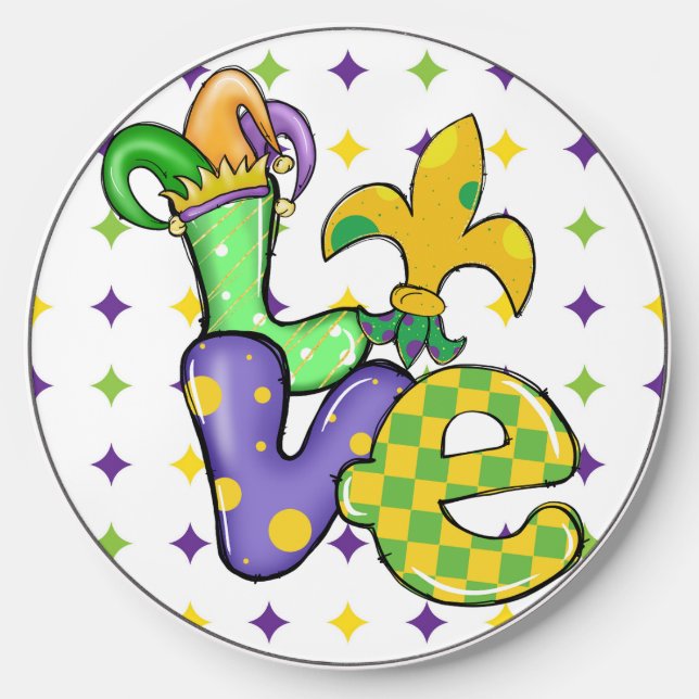 GREEN PURPLE YELLOW MARDI GRAS LOVE WIRELESS CHARGER  (Front)