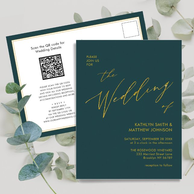 Green QR Code All In One Gold Script Wedding Invitation Postcard (Creator Uploaded)