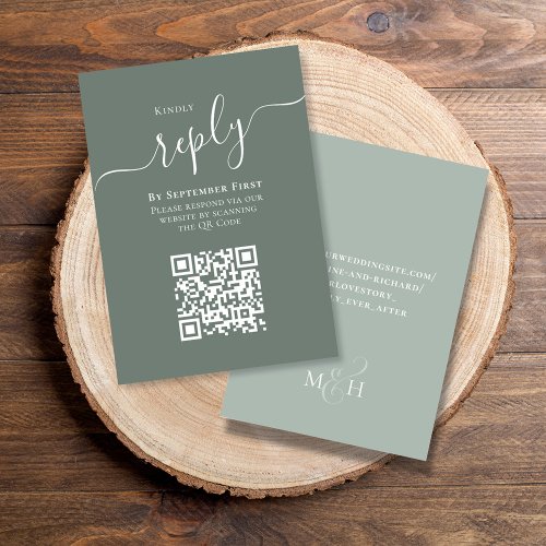 Green QR Code Elegant Script Wedding RSVP Card