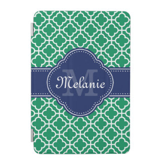 Green Quatrefoil Navy Monogram Name iPad Mini Cover
