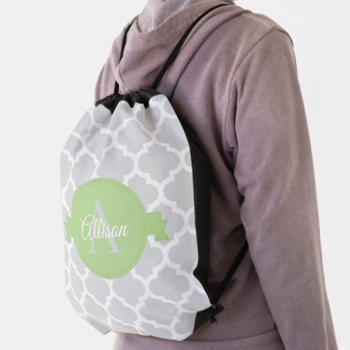 Green Quatrefoil Personalized Drawstring Bag