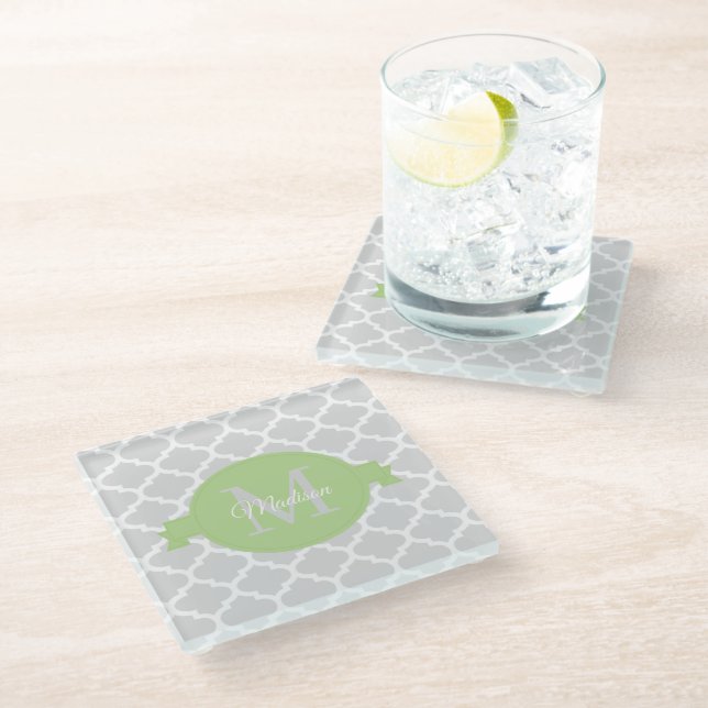 Green Quatrefoil Personalized Glass Coaster (Angled)