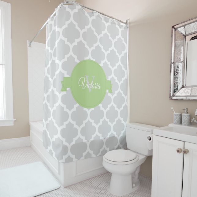 Green Quatrefoil Personalized Shower Curtain (In Situ)