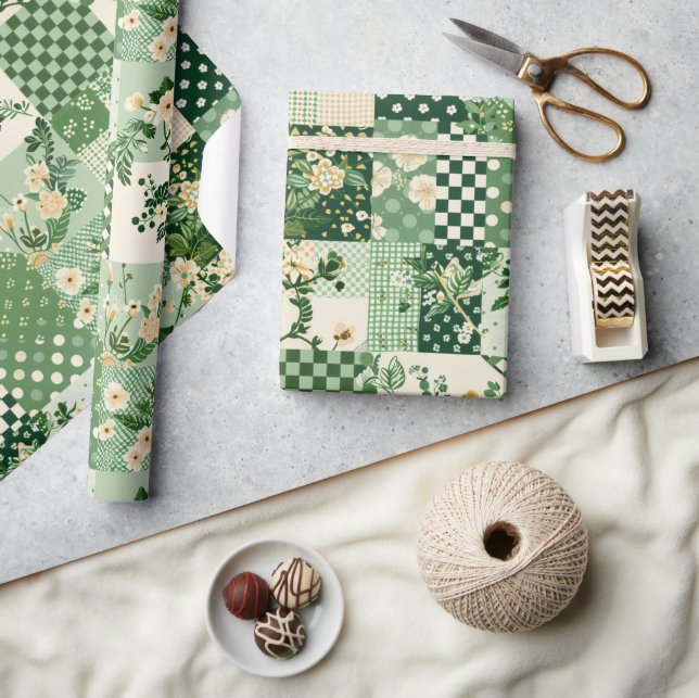 Green Quilt Patchwork Antique Plaid Geometric Wrapping Paper (Crafts)