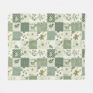 Green Quilt Patchwork Gingham Cottagecore Floral Fleece Blanket