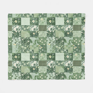 Green Quilt Patchwork Gingham Cottagecore Floral Fleece Blanket