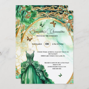Green Quinceañera peony ballgown flowers elegant Invitation
