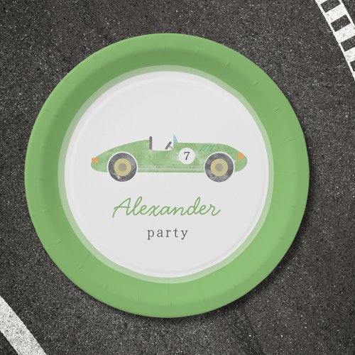 Green race car birthday paper plates