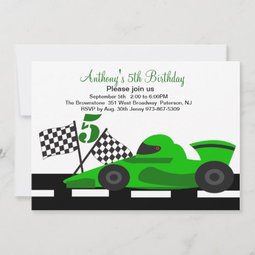 Green Race Car  Boys Fifth Birthday Invitation