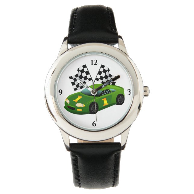 Green Race Car Checkered Winners Flag  Watch (Front)