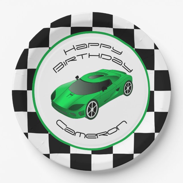 Green Race Car | Custom Birthday Party Paper Plates (Front)