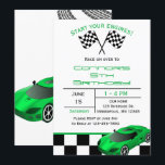 Green Race Car | Custom Kids Birthday Invitation<br><div class="desc">Does your child LOVE cars? Start the party off right with these fun invitations featuring a black and white checkered flag pattern, green race car and tire tracks across the back of the invitation. Easily add your custom information and simply stamp and send! There are also matching accessories available to...</div>