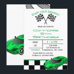 Green Race Car | Custom Kids Birthday Invitation<br><div class="desc">Does your child LOVE cars? Start the party off right with these fun invitations featuring a black and white checkered flag pattern, green race car and tire tracks across the back of the invitation. Easily add your custom information and simply stamp and send! There are also matching accessories available to...</div>