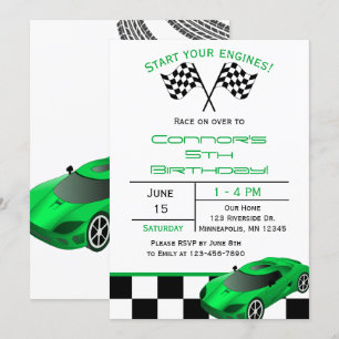 Green Race Car Custom Kids Birthday Invitation