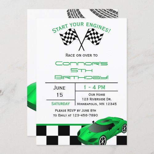 Green Race Car  Custom Kids Birthday Invitation