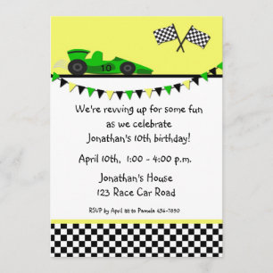 Green Race Car, Flags Birthday Invitation