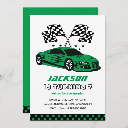 Green Race Car Racing Kids Boys Birthday Invitation