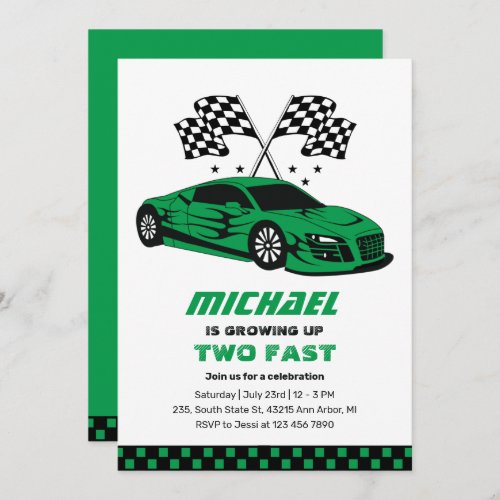 Green Race Car Two Fast Boys 2nd Birthday Invitation