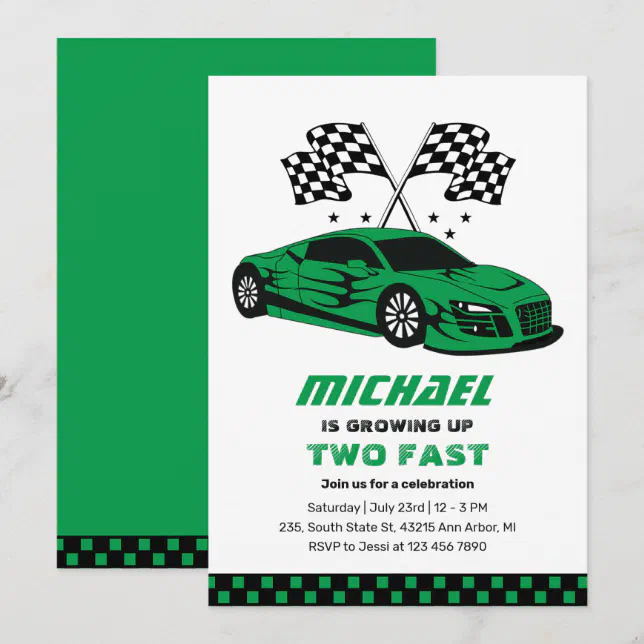 Green Race Car Two Fast Boys 2nd Birthday Invitation | Zazzle