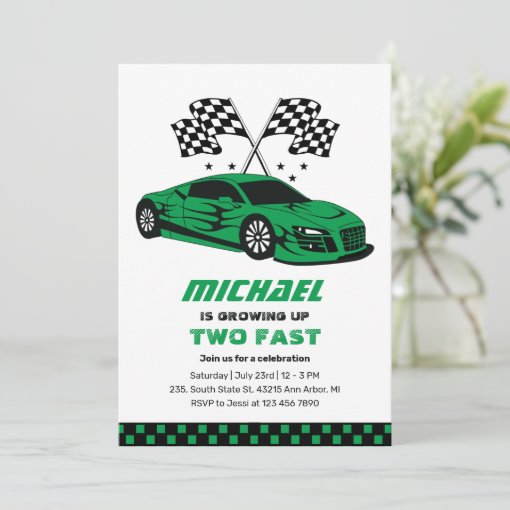 Green Race Car Two Fast Boys 2nd Birthday Invitation | Zazzle
