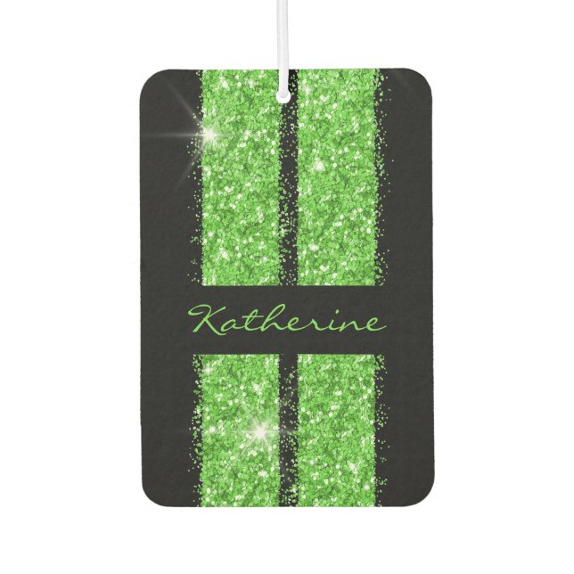 Green Race Stripe Sparkle Glitter Personalized Car Air Freshener (Front)