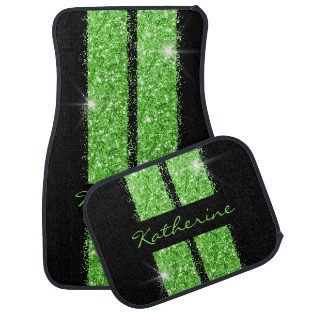 Green Race Stripe Sparkle Glitter Script Name Car Car Floor Mat (Set)