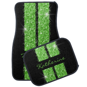 Green Race Stripe Sparkle Glitter Script Name Car Floor Mat