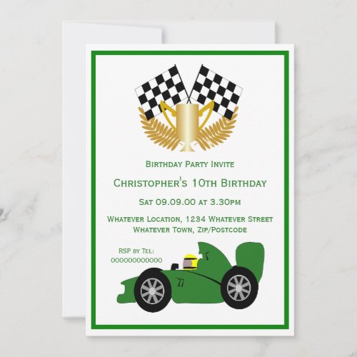 Green Racing Car Birthday Party Invitation