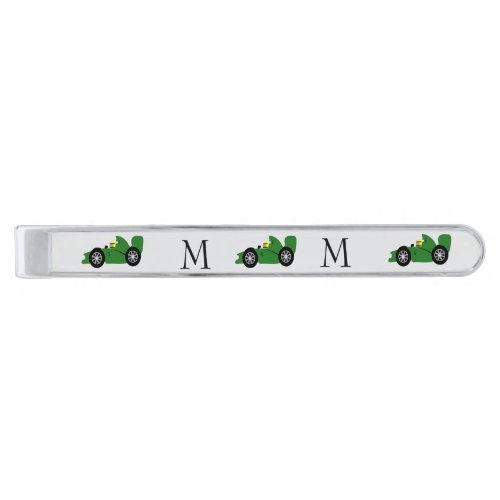 Green Racing Car Design Monogrammed Silver Finish Tie Bar